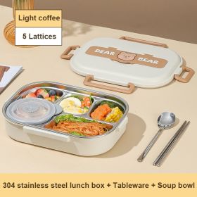 304 Stainless Steel Partition Sealed Insulated Lunch Box (Option: Light coffee-5Lattices no bag)
